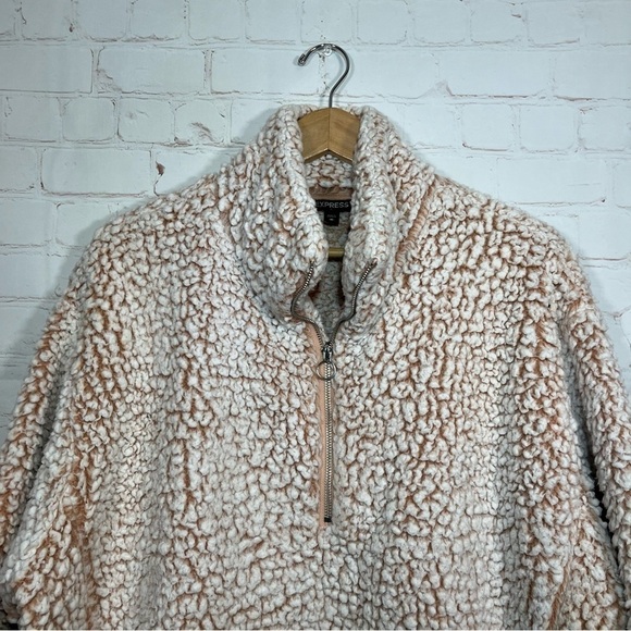 Express Sherpa Sweatshirt Womens Medium Tan Fluffy Fuzzy Oversized Quarter Zip - Picture 2 of 13